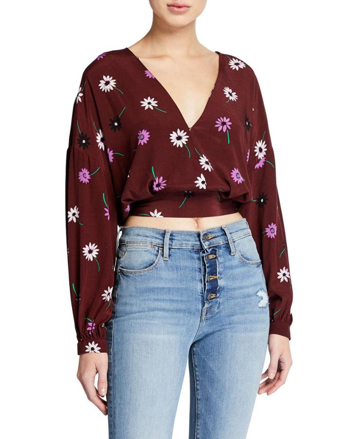 Floral Tie-back Long-sleeve Wrap Crop Top