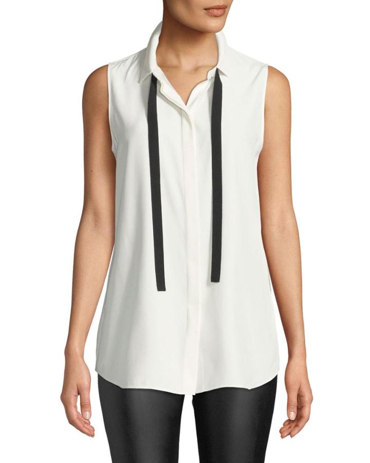 Dorete Button-front Sleeveless Silk Blouse W/ Chain Detail