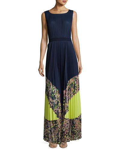 Colorblocked Pleated Maxi Dress, Blue Pattern