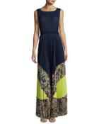 Colorblocked Pleated Maxi Dress, Blue Pattern