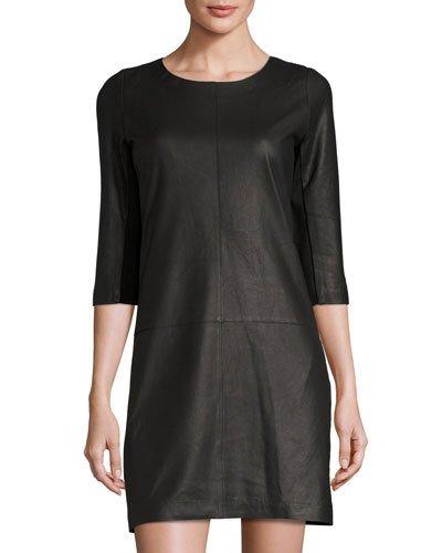 3/4-sleeve Leather-front Shift Dress, Black