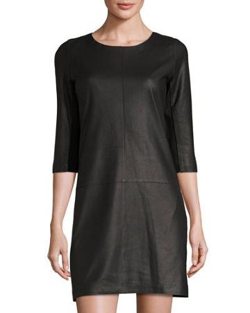 3/4-sleeve Leather-front Shift Dress, Black