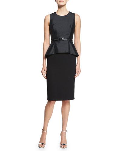 Belted Shantung Peplum Sheath Dress, Black