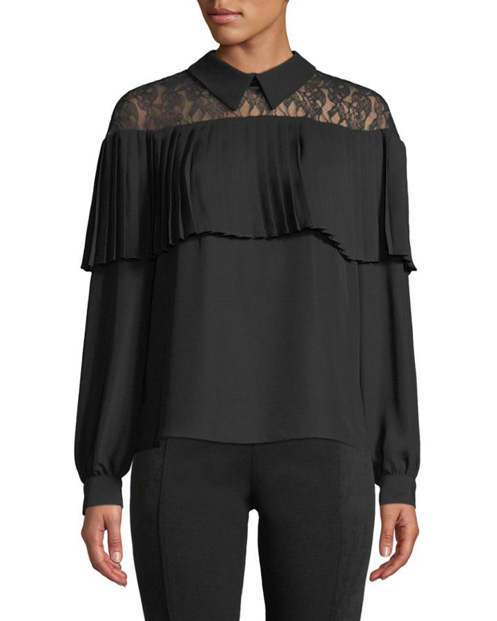 Pleated-trim Lace-yoke Collared Blouse
