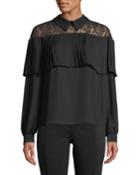 Pleated-trim Lace-yoke Collared Blouse