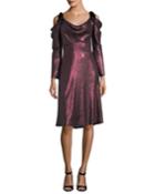 Long-sleeve Draped Sequin Cocktail Dress
