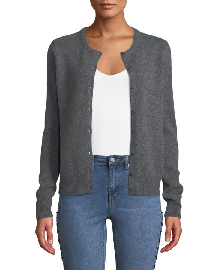 Cashmere Button-front Cardigan, Gray