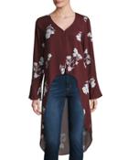 Floral-print High-low Long-sleeve Top