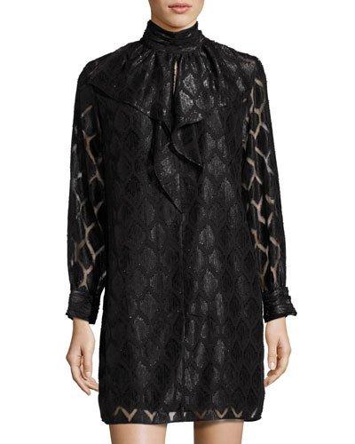 Long-sleeve Metallic Jacquard Dress, Black