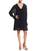 Long-sleeve Smocked Voile Shift Dress, Navy