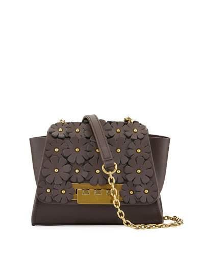 Eartha Mini Leather Floral Crossbody Bag, Dark Brown