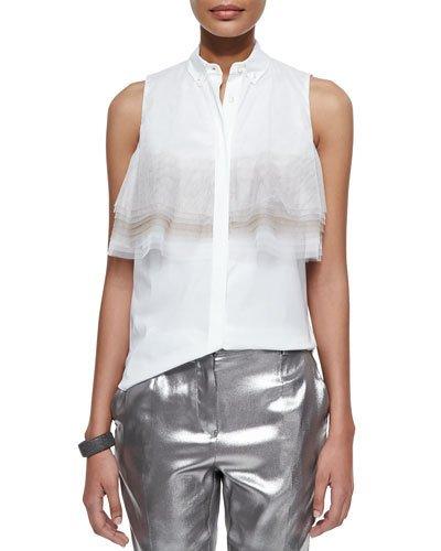 Layered Tulle-detailed Poplin Blouse, White/peanut