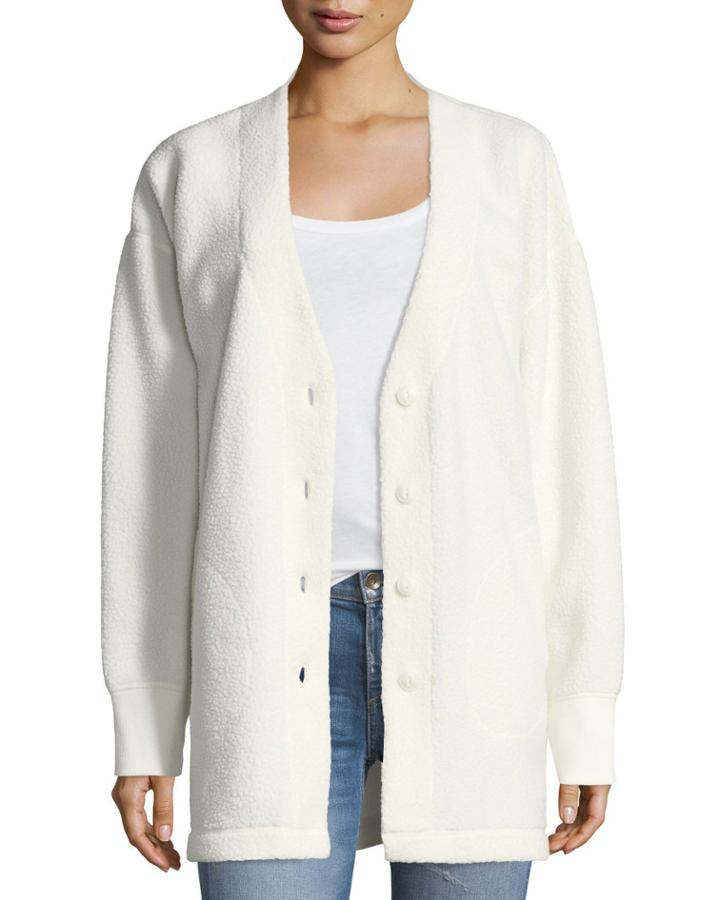 Sherpa Fleece V-neck Button-front Cardigan