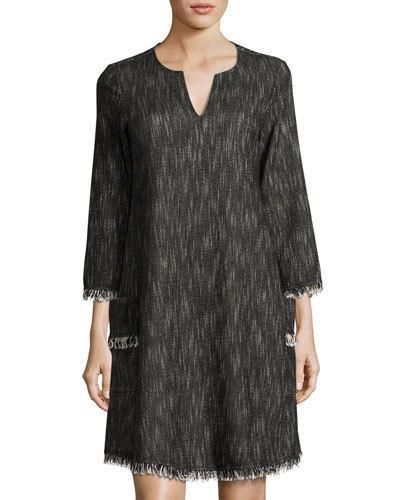 Textured Dress With Fringe Trim, Black/white
