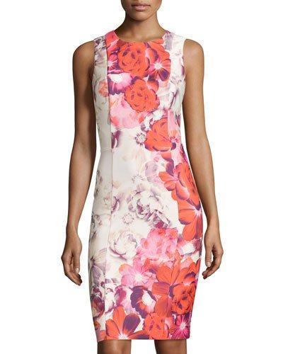 Sleeveless Floral-print Sheath Dress, Pink