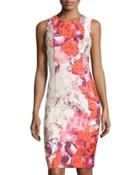 Sleeveless Floral-print Sheath Dress, Pink