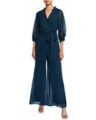 Striped 3/4-sleeve Wide-leg Chiffon Jumpsuit