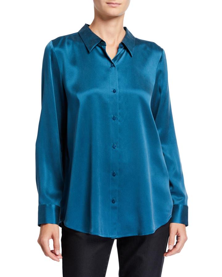 Petite Sandwash Silk Button-front Long-sleeve