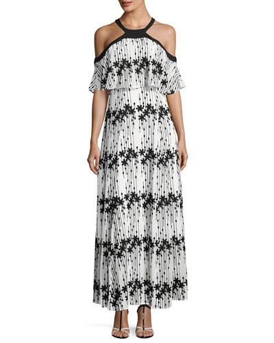 Embroidered-chiffon Cold-shoulder Maxi Dress, White/black