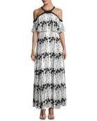 Embroidered-chiffon Cold-shoulder Maxi Dress, White/black