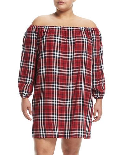Off-the-shoulder Plaid Tunic Dress,
