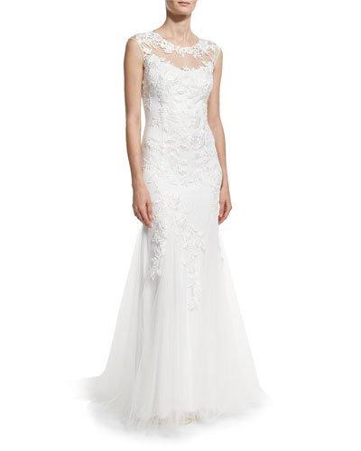 Floral-embroidered Tulle Mermaid Gown, White