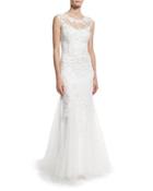Floral-embroidered Tulle Mermaid Gown, White
