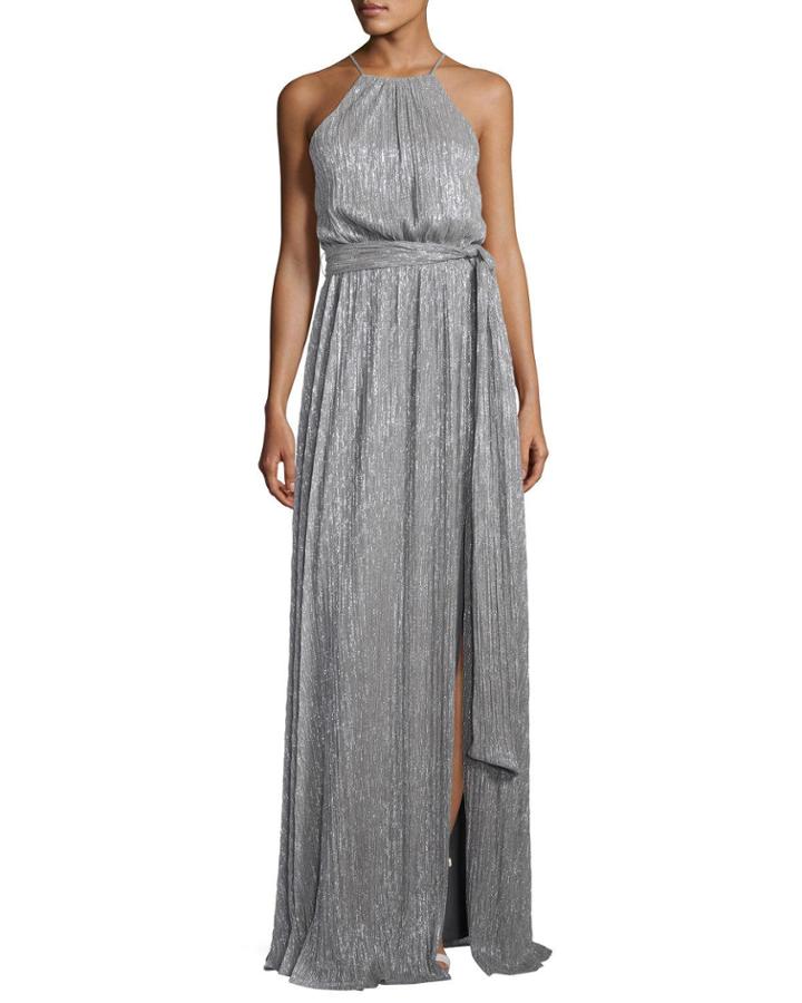 Sleeveless High-neck Textured Metallic Gown W/