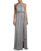 Sleeveless High-neck Textured Metallic Gown W/