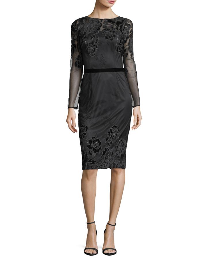 Long-sleeve Lace Velvet Devor&eacute; Sheath Cocktail Dress