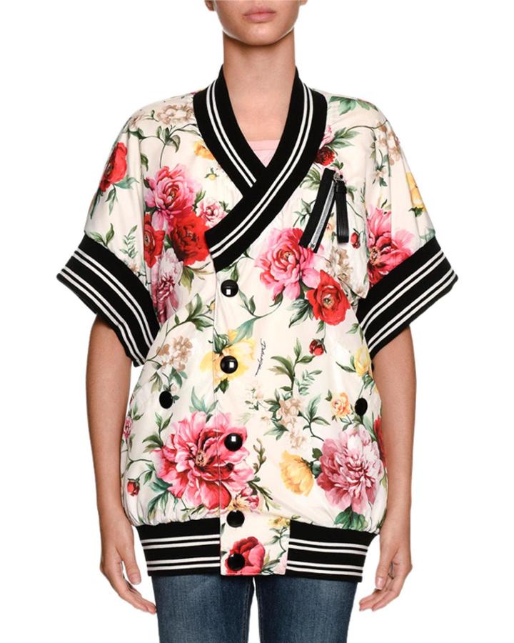Short-sleeve Floral-print Wrap Snap-front Bomber Jacket