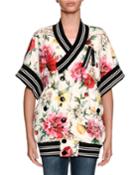 Short-sleeve Floral-print Wrap Snap-front Bomber Jacket