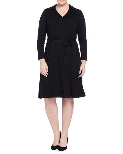 3/4-sleeve Faux-wrap Dress, Rich Black, Women's