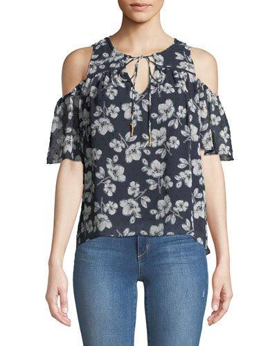 Tie-neck Cold-shoulder Floral Blouse