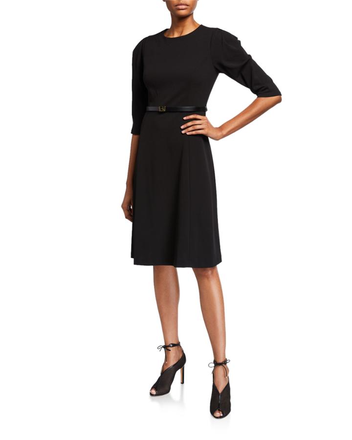 Pleated-shoulder Belted Dress