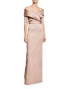 Off-the-shoulder Elbow-sleeve Mikado Column Gown
