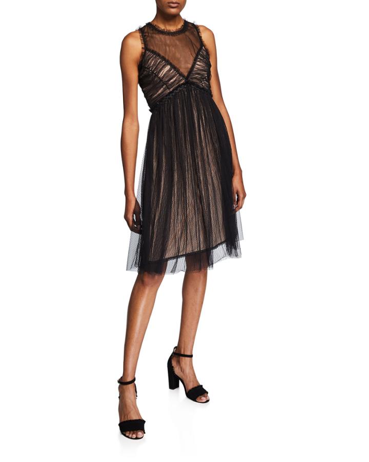 Illusion-neck Ruffled Mesh A-line Dress