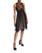 Illusion-neck Ruffled Mesh A-line Dress