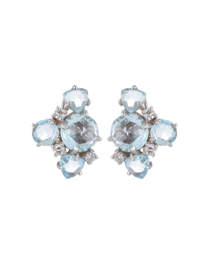 14k Diamond & Topaz Cluster Stud Earrings, Blue