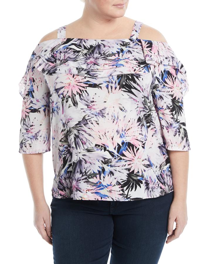 Palm-leaf Cold-shoulder Blouse,