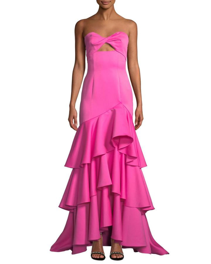 Strapless Satin Gown W/ Tiered Ruffle Hem