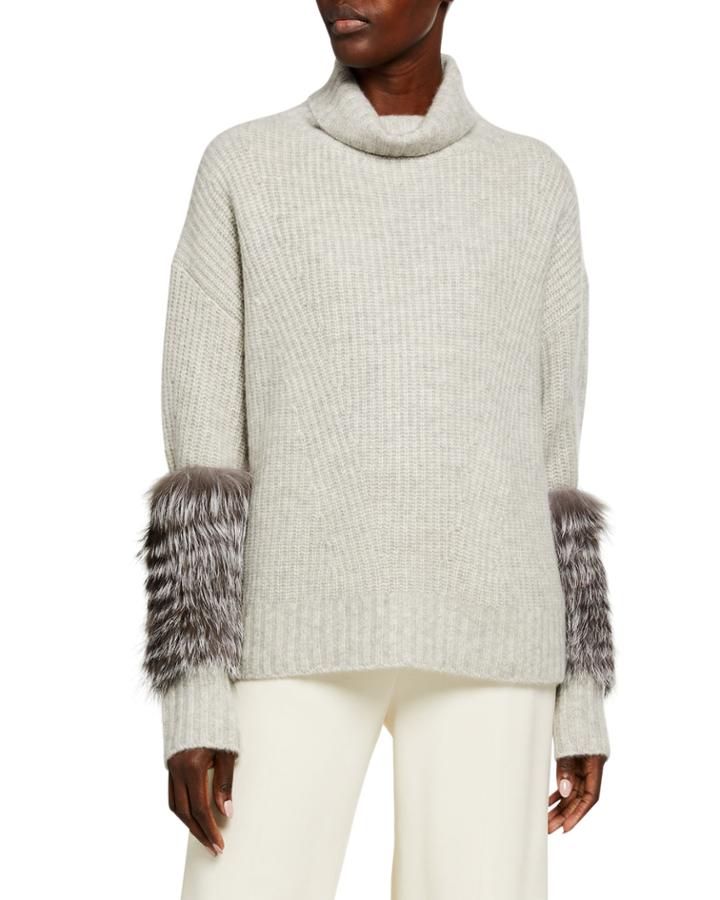Fox Fur-trim Turtleneck