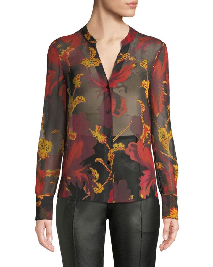 Karen Sheer Silk Floral Button-down Top
