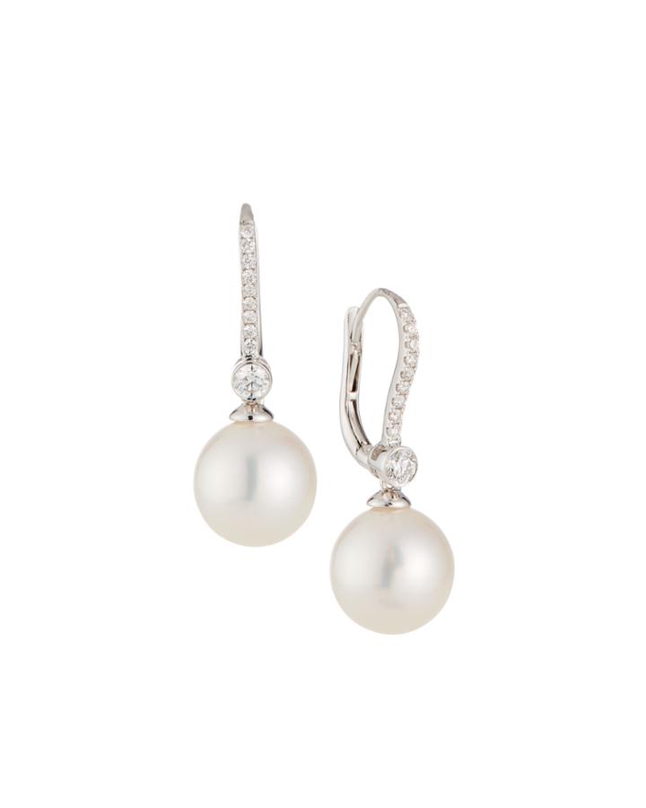 18k White Gold Diamond Lever-back Pearl Earrings, White