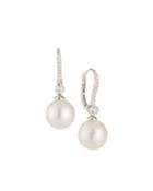 18k White Gold Diamond Lever-back Pearl Earrings, White