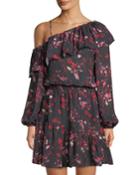 Asymmetric-sleeve Floral-print Dress