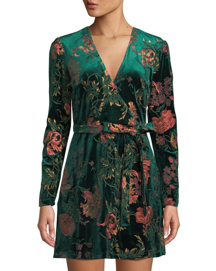 Floral Embroidered Surplice-neck Velvet Wrap Dress