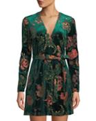 Floral Embroidered Surplice-neck Velvet Wrap Dress