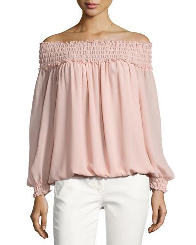 Georgette Crepe Smocked-trim Blouse