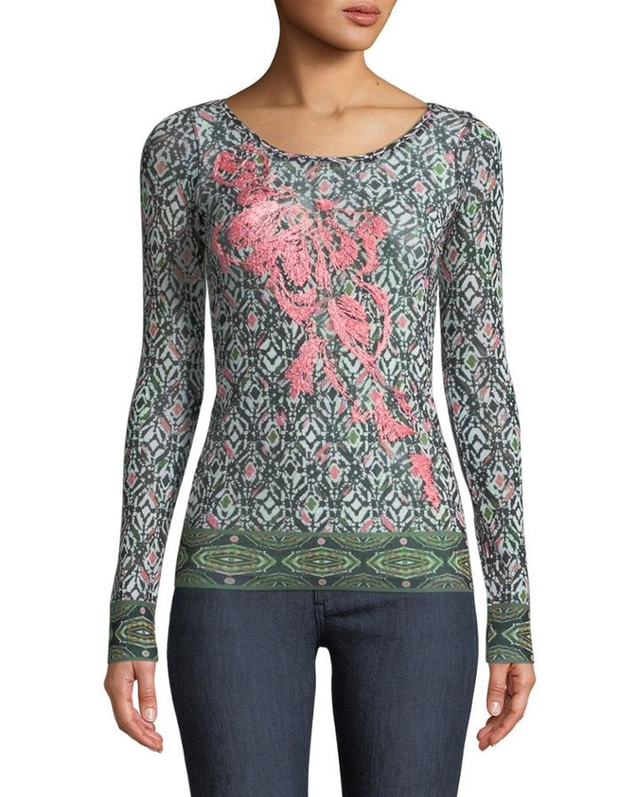 Urban Tribe-print Embroidered Long-sleeve Top